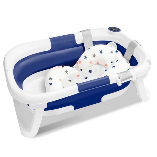 CLANMACY Babybadewanne Baby Badewanne Faltbar Reisebadewanne Silikon mit Kissen blau mehr Kostenlose Rückgabe