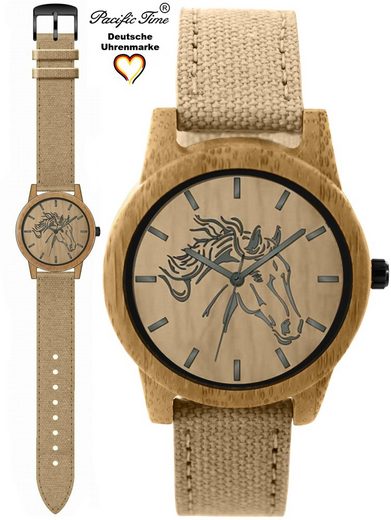 PACIFIC TIME Quarzuhr Damenuhr analog Pferd Holz Canvas Armband Gratis Versand mehr Rabatte dieses Monats