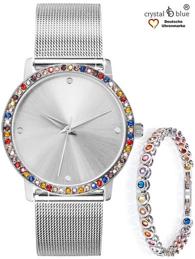 CRYSTAL BLUE Quarzuhr Damenuhr Mesh & Tennisarmband silber mit cubic Zirkonia Kristallen kostenlose Lieferung mehr 2025