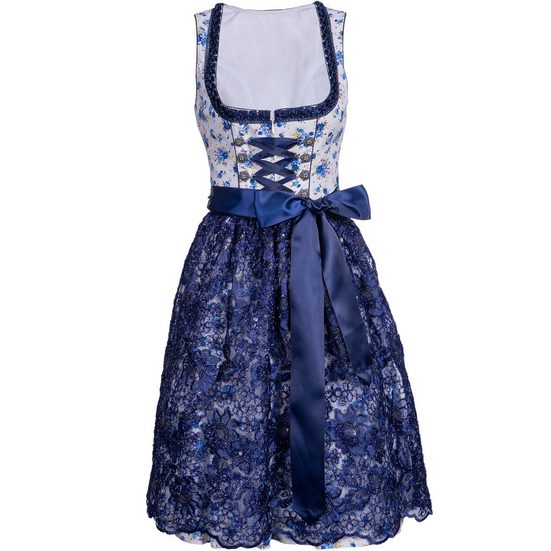 KELLIAR Dirndl Midi Trachtenkleid, ideal für Oktoberfest, Rocklänge 60 cm, Blau Florales Muster, Dekorative Schnürung mehr Kauf eins, bekomm eins gratis