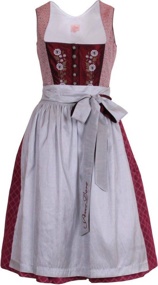 PEZZO D'ORO Dirndl Mididirndl dunkelrot/silbergrau bestickt,Länge 70cm (2-teilig Kleid mit Schürze) Knopfleiste mit verdecktem Zipper mehr Begrenzte Freigabe