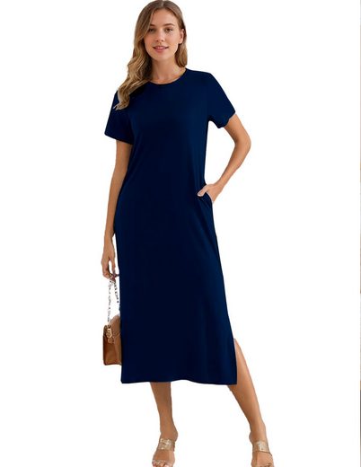 LUCKZON Sommerkleid Damen Maxikleid, geteilt, lässig, T-Shirt-Kleid mit Taschen Rundhalsausschnitt, kurze Ärmel, Sommerkleider mehr Discount Store für neue Produkte