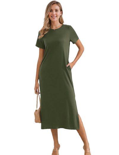 LUCKZON Sommerkleid Damen Maxikleid, geteilt, lässig, T-Shirt-Kleid mit Taschen Rundhalsausschnitt, kurze Ärmel, Sommerkleider mehr Discount Store für neue Produkte