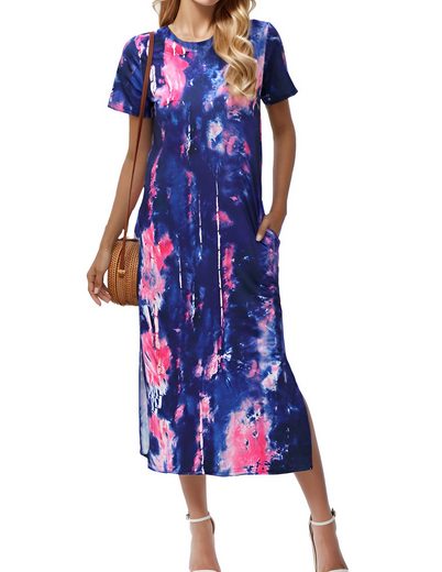 LUCKZON Sommerkleid Damen Maxikleid, geteilt, lässig, T-Shirt-Kleid mit Taschen Rundhalsausschnitt, kurze Ärmel, Sommerkleider mehr Discount Store für neue Produkte