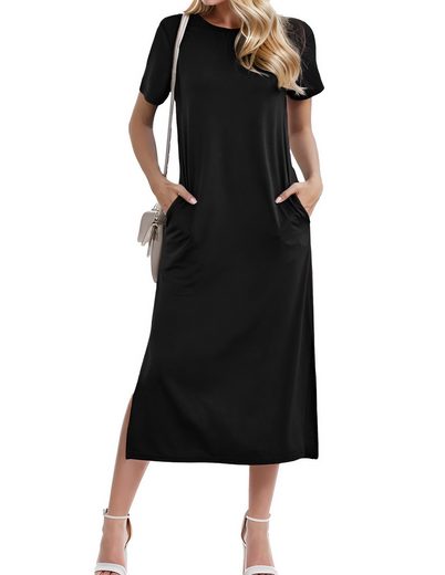 LUCKZON Sommerkleid Damen Maxikleid, geteilt, lässig, T-Shirt-Kleid mit Taschen Rundhalsausschnitt, kurze Ärmel, Sommerkleider mehr Discount Store für neue Produkte