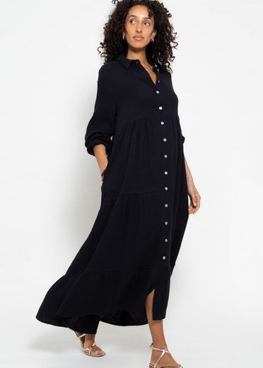 SASSYCLASSY Maxikleid Musselin Maxi Kleid mit Volants Baumwollleid mit Kragen, Knopfleiste und einem Gummizug am Ärmel mehr 50% Rabatt für begrenzte Zeit