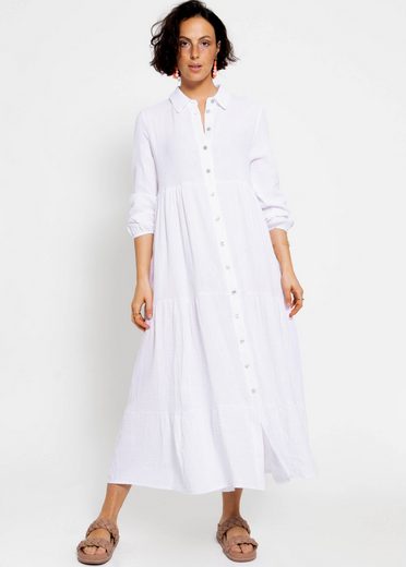 SASSYCLASSY Maxikleid Musselin Maxi Kleid mit Volants Baumwollleid mit Kragen, Knopfleiste und einem Gummizug am Ärmel mehr 50% Rabatt für begrenzte Zeit