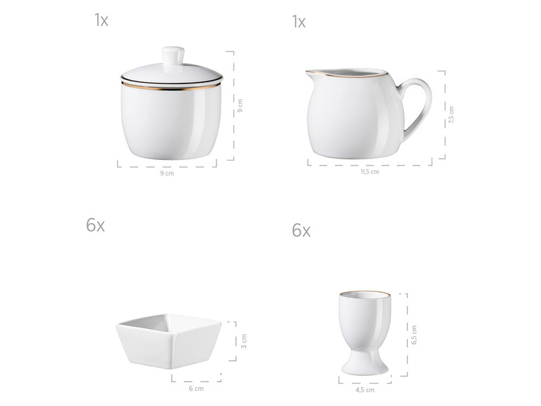 MÄSER Serie Professional Dining, Zubehör Set aus Müslischalen, Eierbechern, Schüsseln, Zuckerdose, Milchkännchen, Dipschälchen und Servierplatten, 24-teilig, Weiß mit Goldrand Cyber Monday
